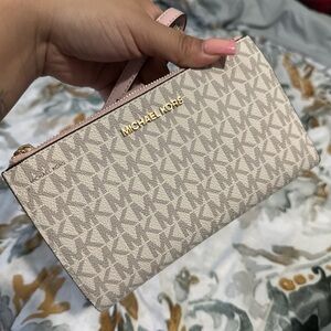 Michael Kors Beige and Pink Monogram Wristlet